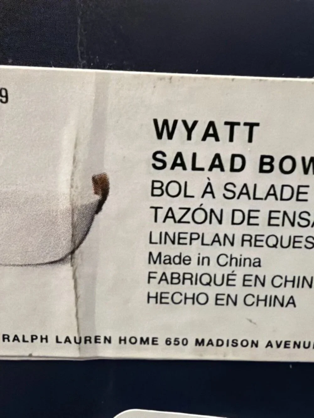 NEW w/Box & Tags - Ralph Lauren (Wyatt) Salad Bowl White- Brown Strap Handles